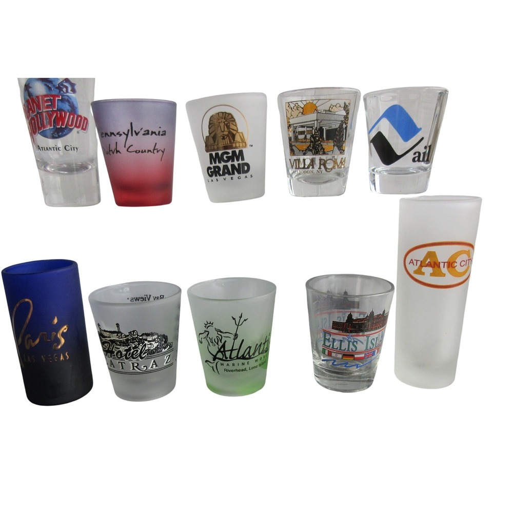 Vintage Souvenir Shot Glass Lot of 10 Las Vegas Atlantic City Alcatraz Travel